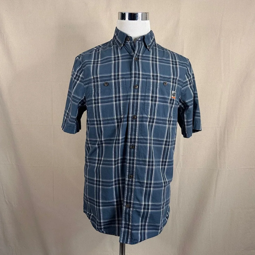 Duluth Trading Co 40 Grit Small Standard Fit Shirt Blue Plaid Short Sleeve Mens